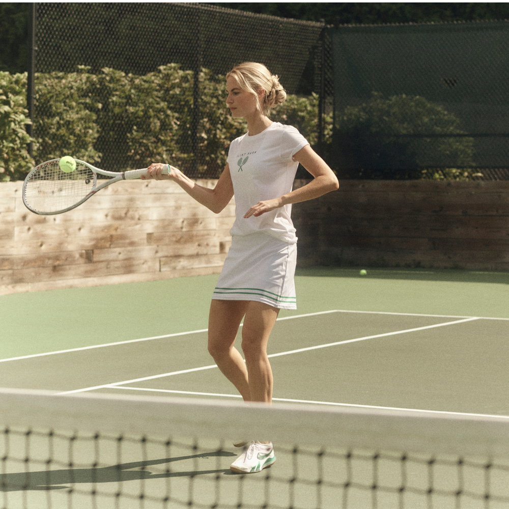 Women's Love Tennis Skirt with built in shorts in White and Kelly Green by Flint Park