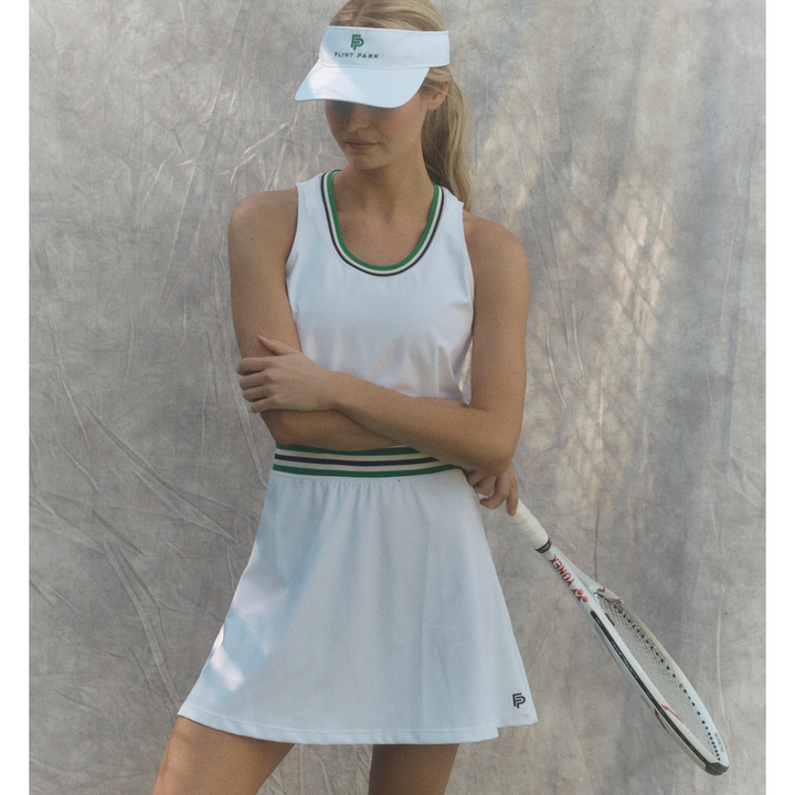Women's Green Striped White Tennis Dress & White Visor by Flint Park