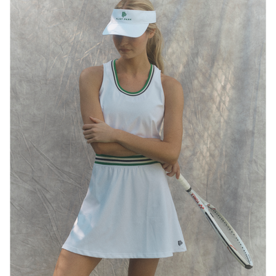 Women's Green Striped White Tennis Dress & White Visor by Flint Park